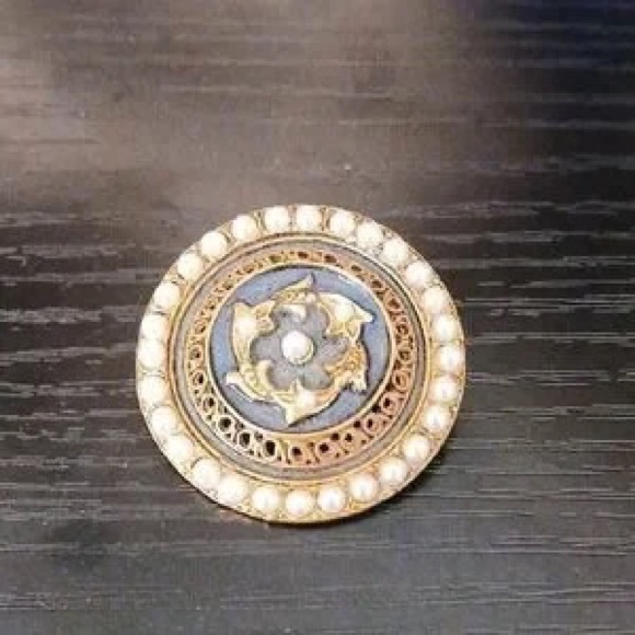 Accessories - Gold-Tone Blue Enamel and Pearl Circle Brooch - Elegant Womens Jewelry